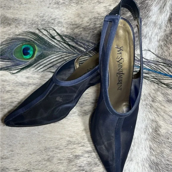 Yves Saint Laurent Womens Vintage Shoes Blue Mesh Slingback Heels Size 6